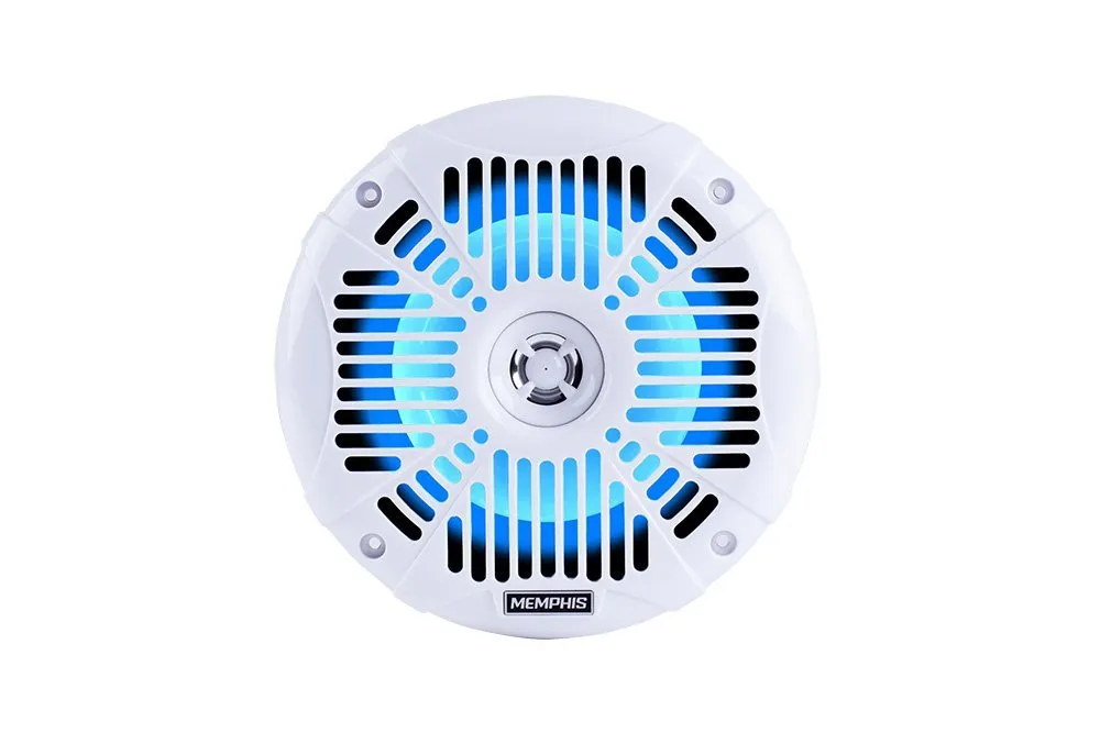 White speaker with blue LED lights.