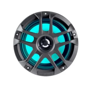 Round speaker with blue and black design.
