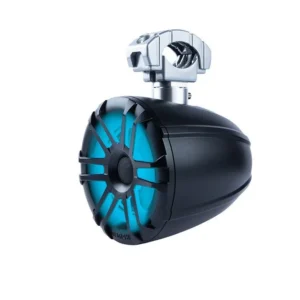 Black speaker with blue LED lights.