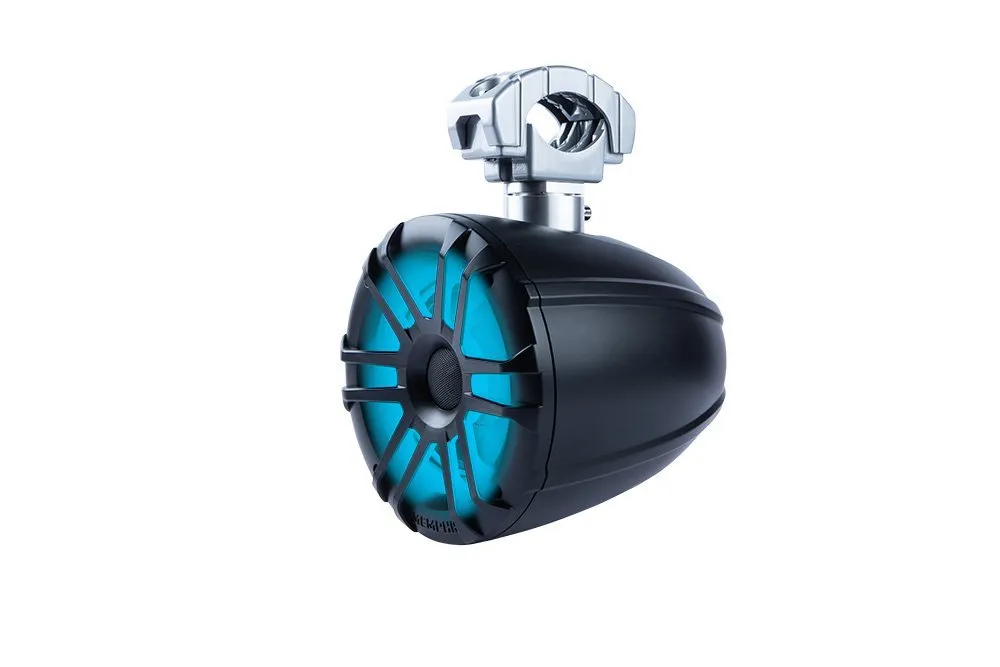 Black speaker with blue LED lights.