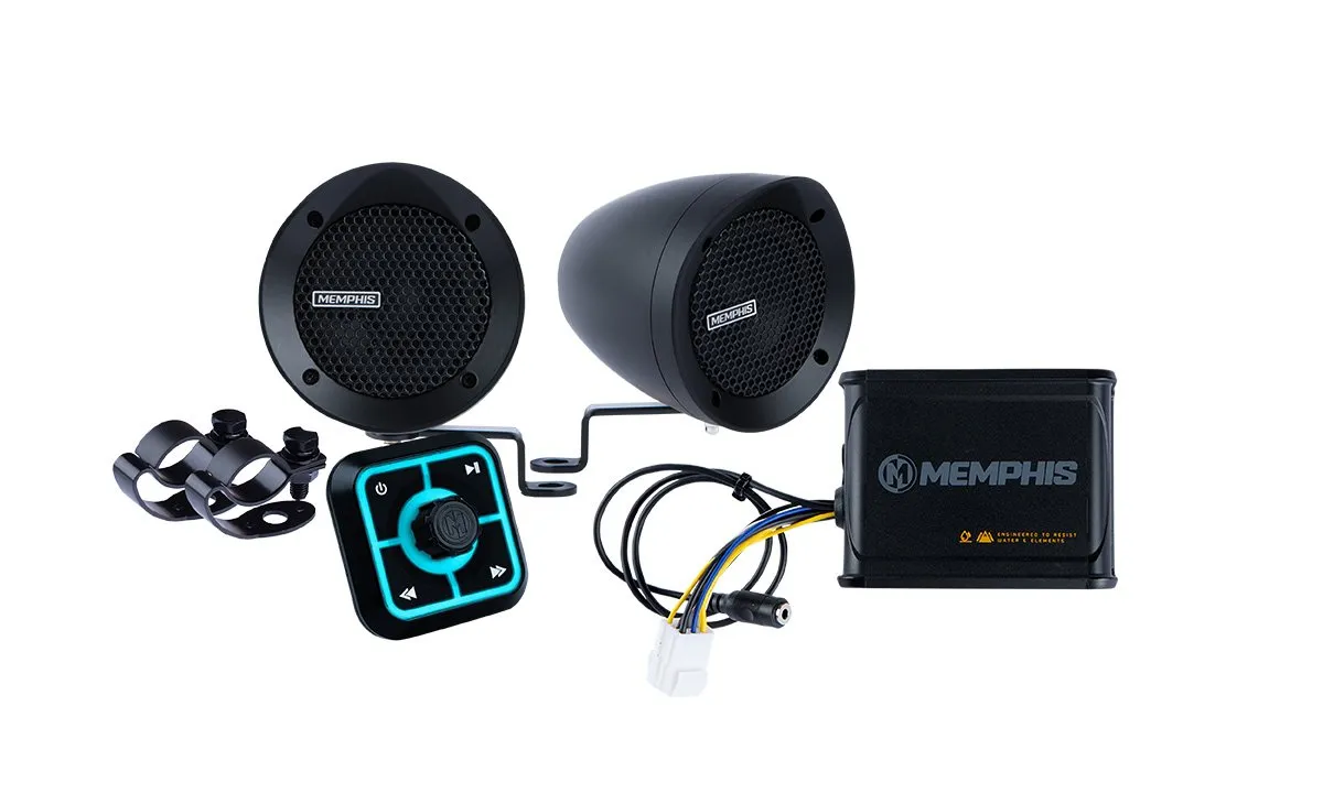 Black motorcycle speakers and control unit set.