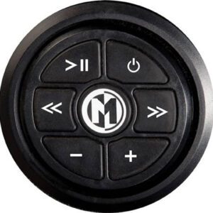 Black circular remote with control buttons.