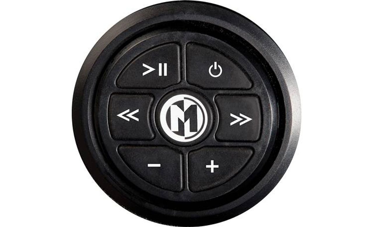 Black circular remote with control buttons.