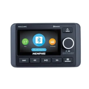 Car stereo with Bluetooth and media display.