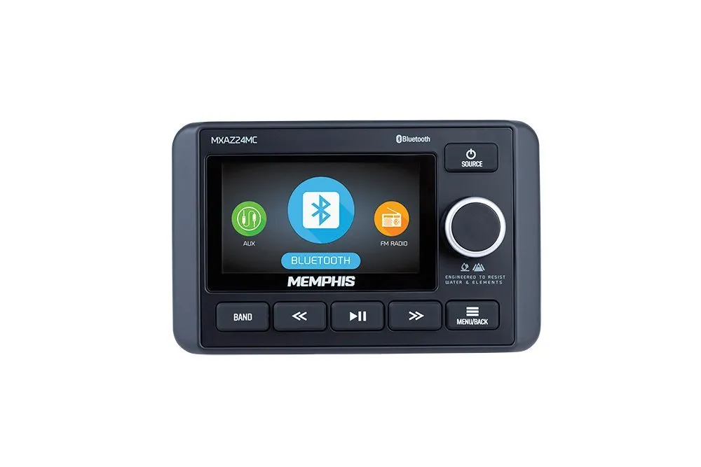 Car stereo with Bluetooth and media display.