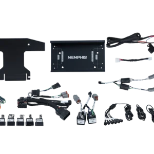 Car audio installation kit components on display.