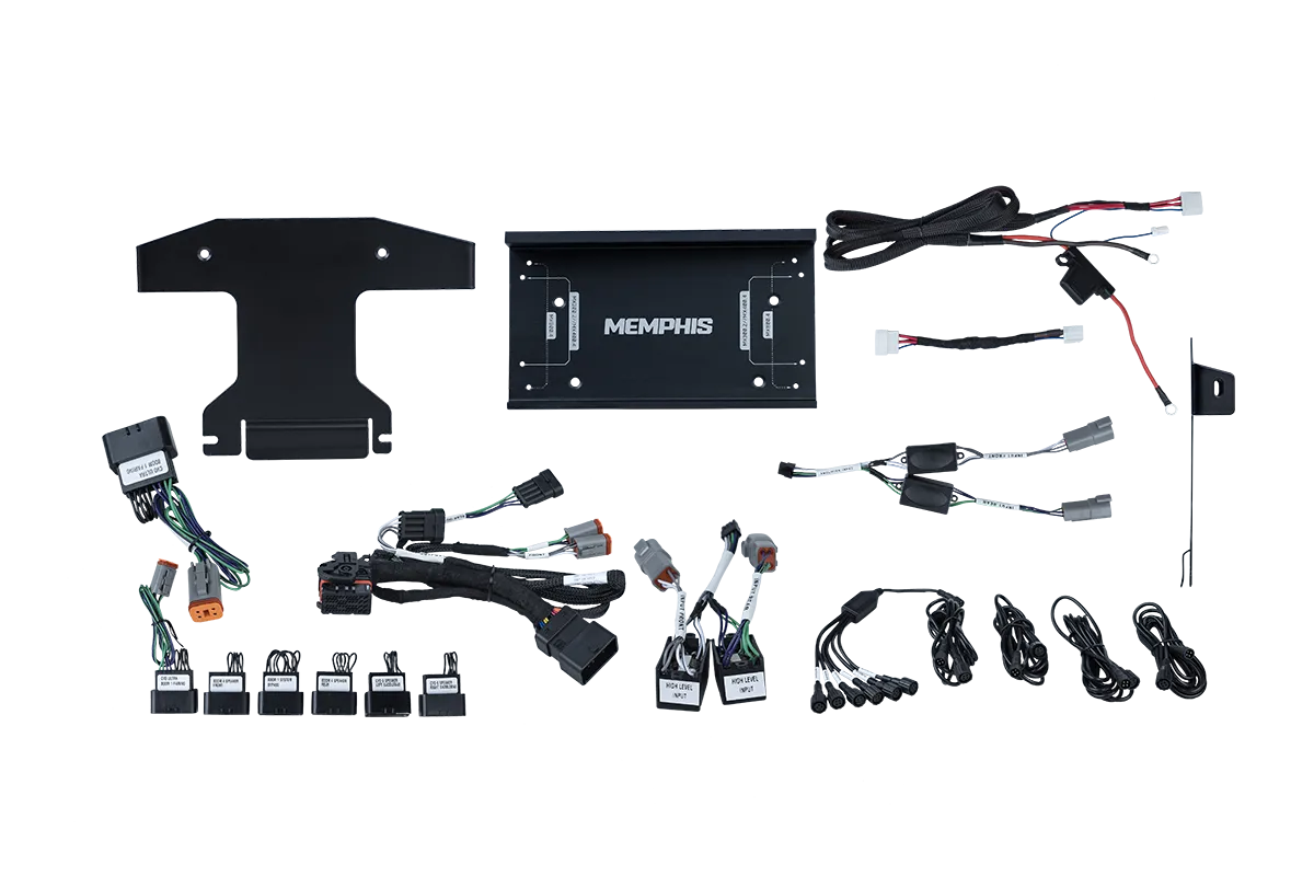 Car audio installation kit components on display.