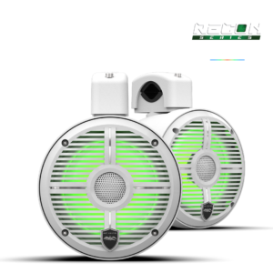 White speakers with green RGB lighting.