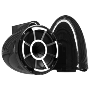 Sleek black speaker with a modern design.