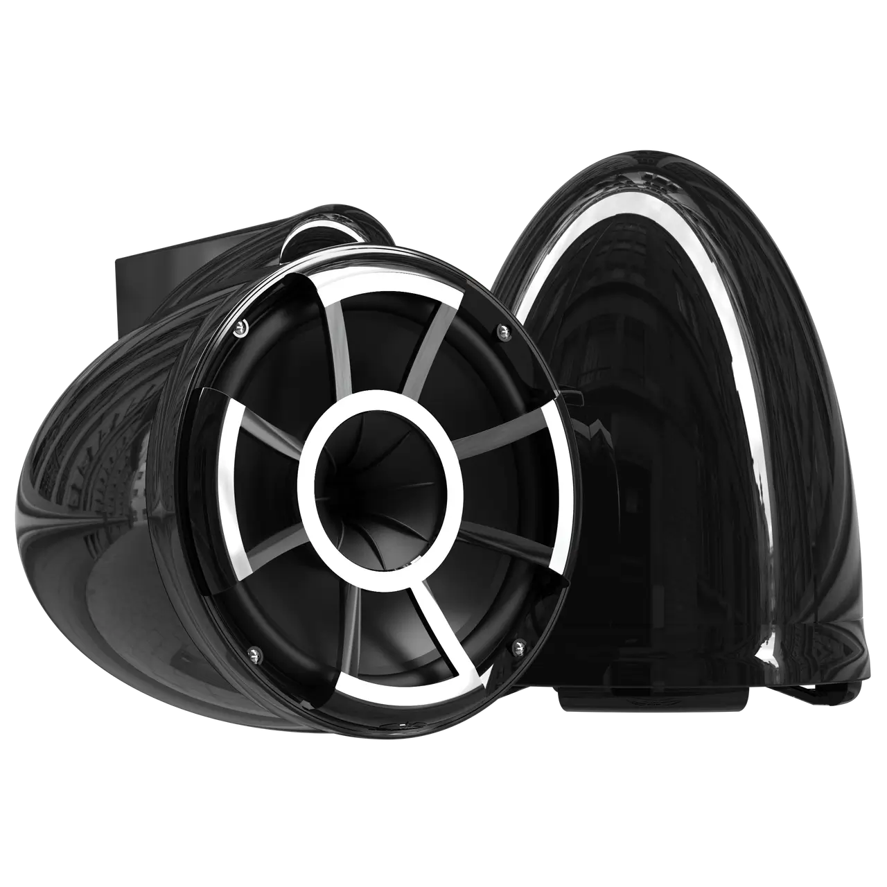Sleek black speaker with a modern design.