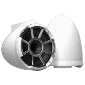 White, sleek, modern speakers on black background.