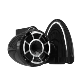 Sleek black and silver audio speakers.