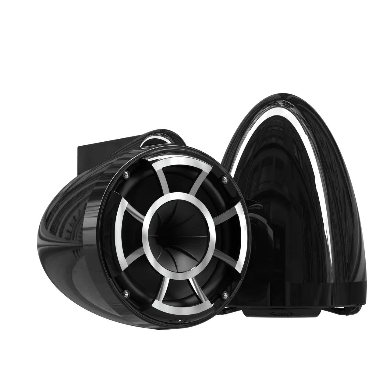 Sleek black and silver audio speakers.