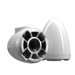 White futuristic speaker on black background.
