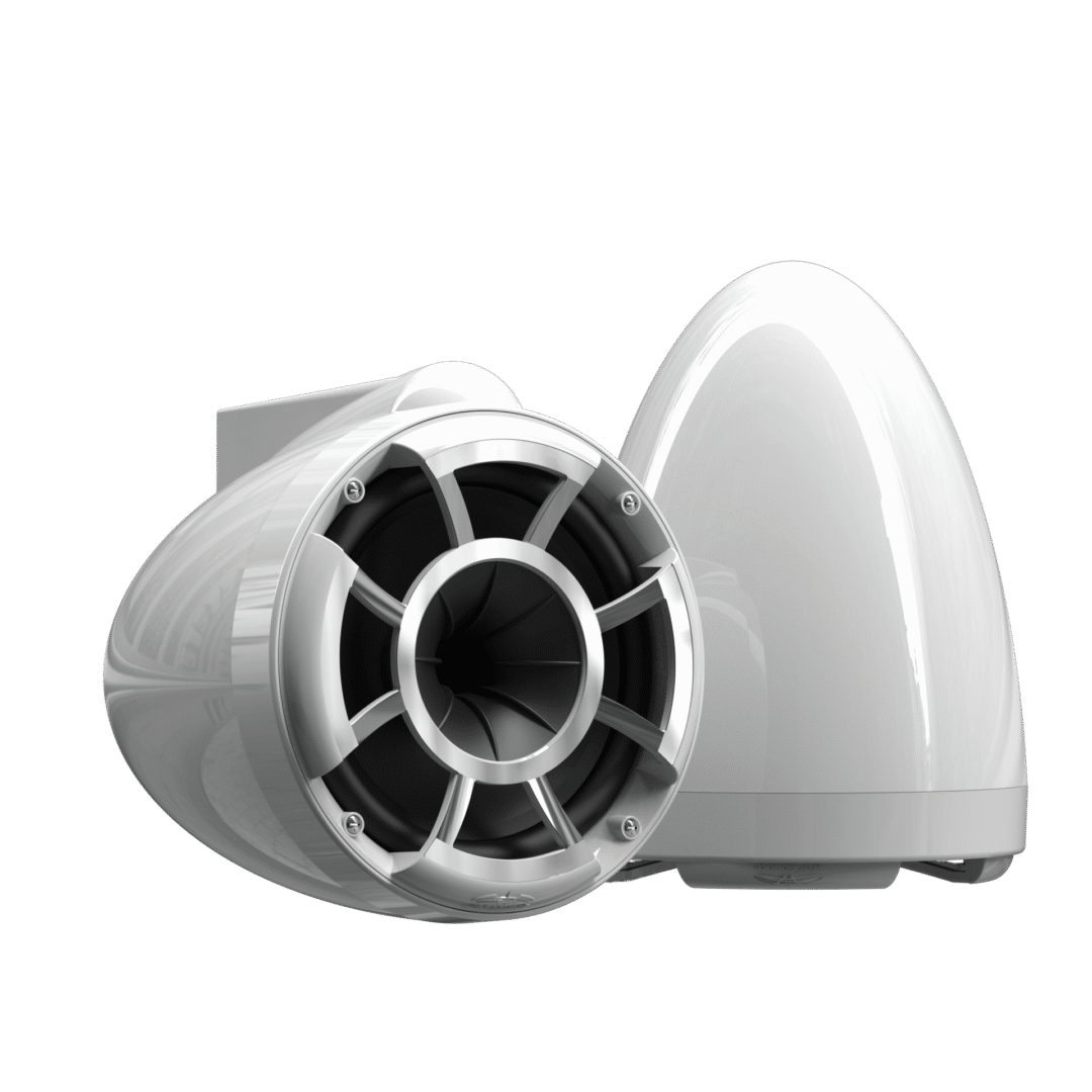 White futuristic speaker on black background.