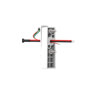 Electrical connector with exposed wires, black background.