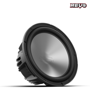 Subwoofer speaker with a metallic cone.