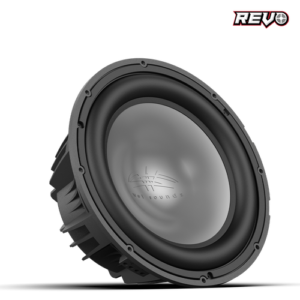 Subwoofer speaker with black and silver design.