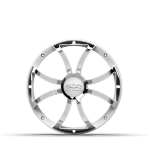 Silver alloy wheel on black background.
