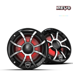 Speakers with red RGB lighting on display.