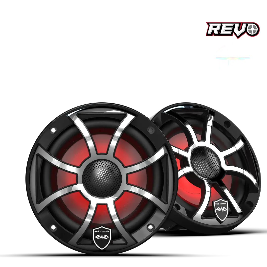 Speakers with red RGB lighting on display.