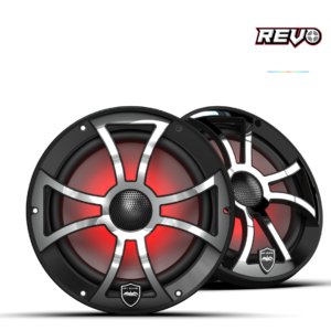 Red-lit speakers with sleek metallic design.