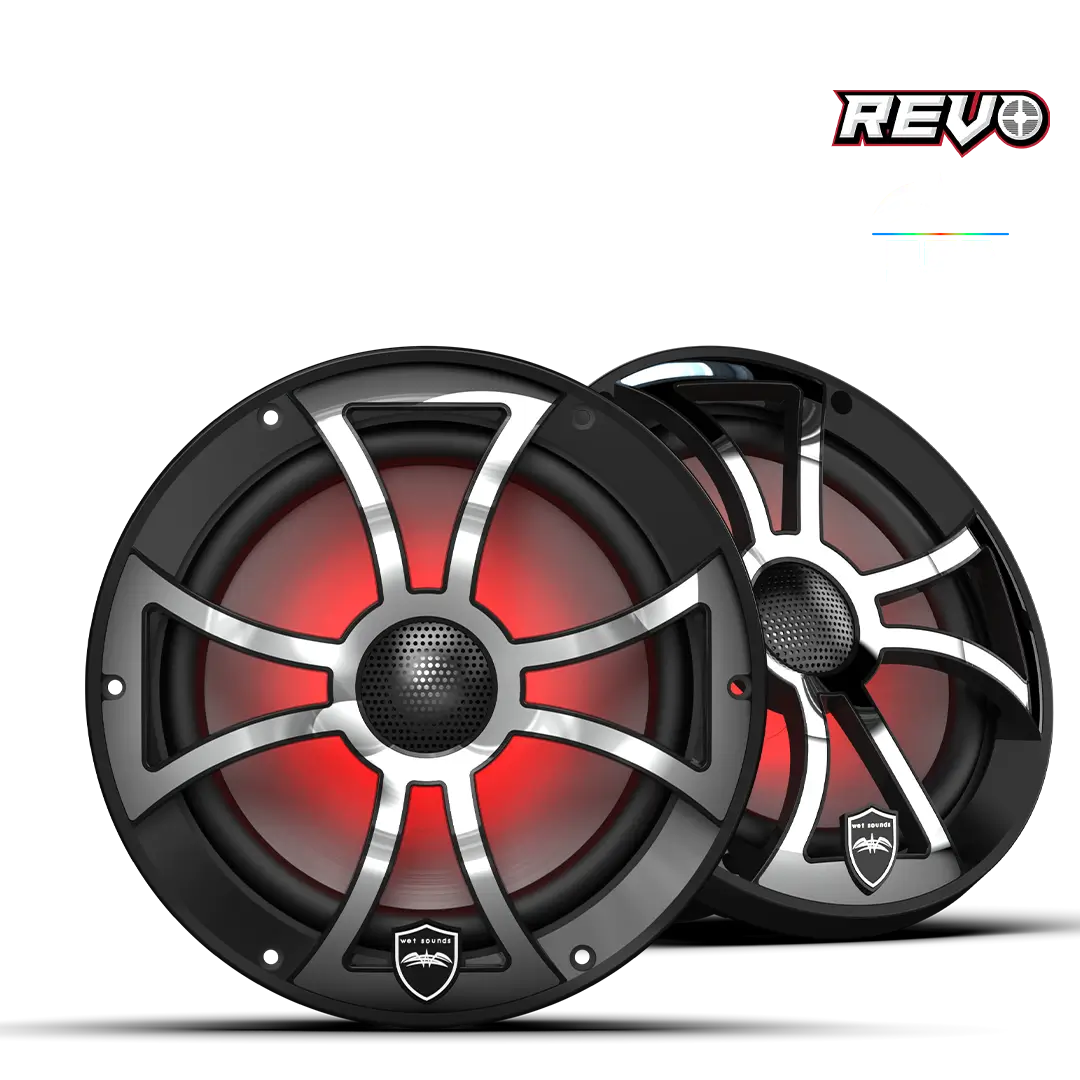 Red-lit speakers with sleek metallic design.