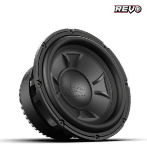 Black audio speaker on dark background.
