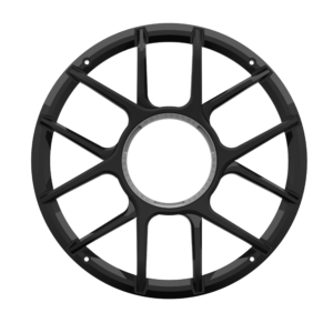 Black circular metal wheel with spokes.