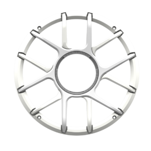 Silver alloy wheel rim on black background.