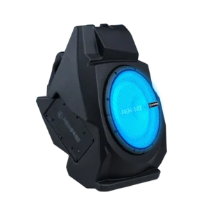 Black speaker with glowing blue light.