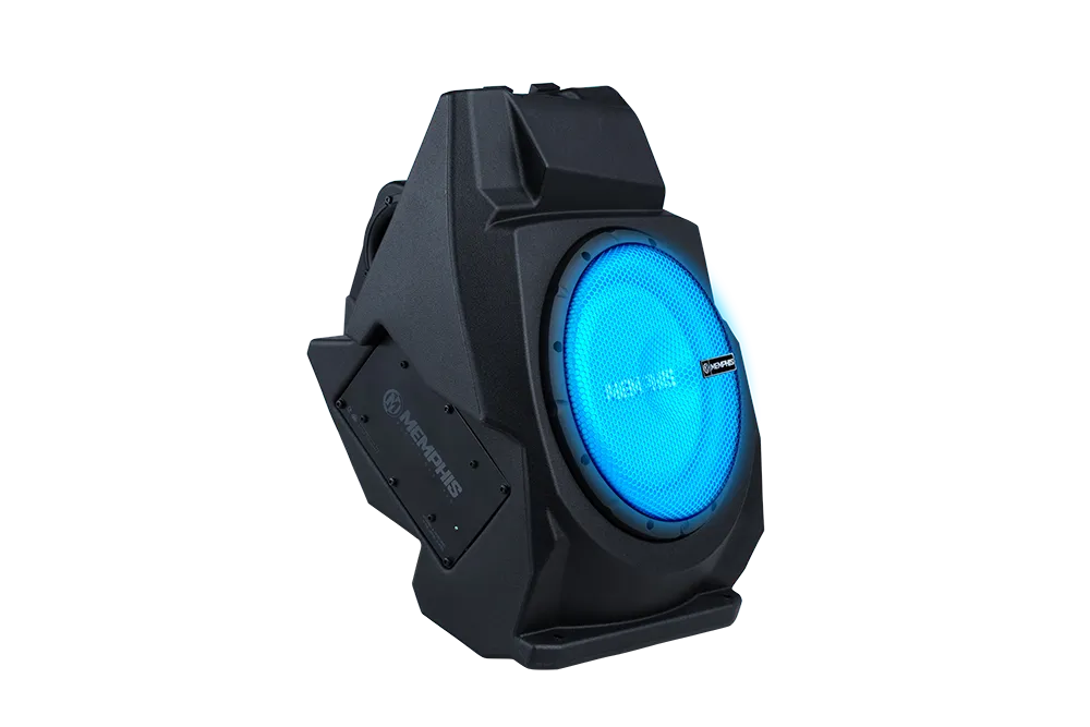 Black speaker with glowing blue light.
