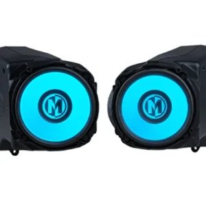 Two blue circular car speakers, black casing.