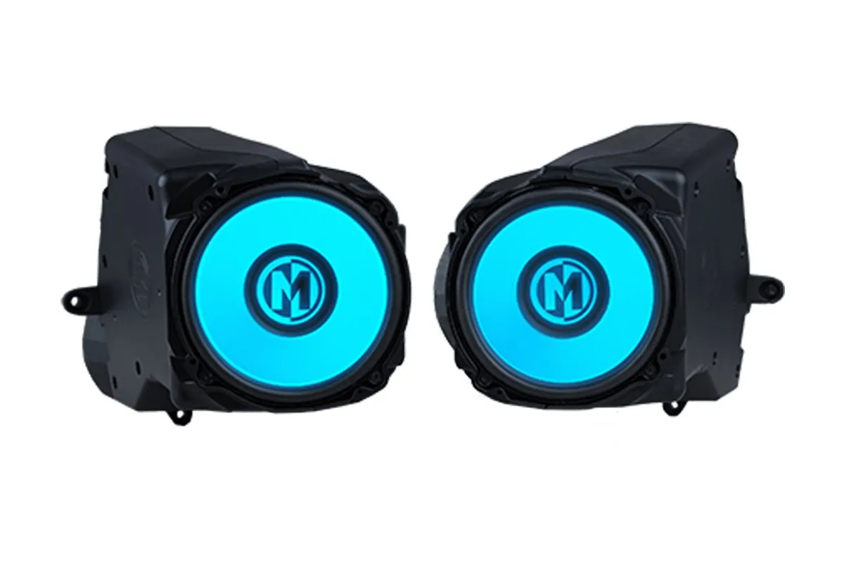 Two blue circular car speakers, black casing.