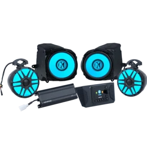 Blue and black audio speaker system.