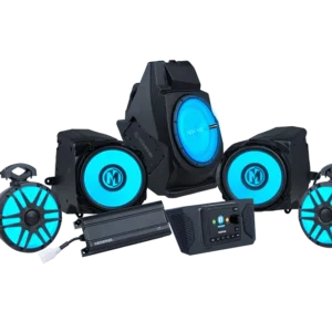 Car audio system with glowing blue lights.