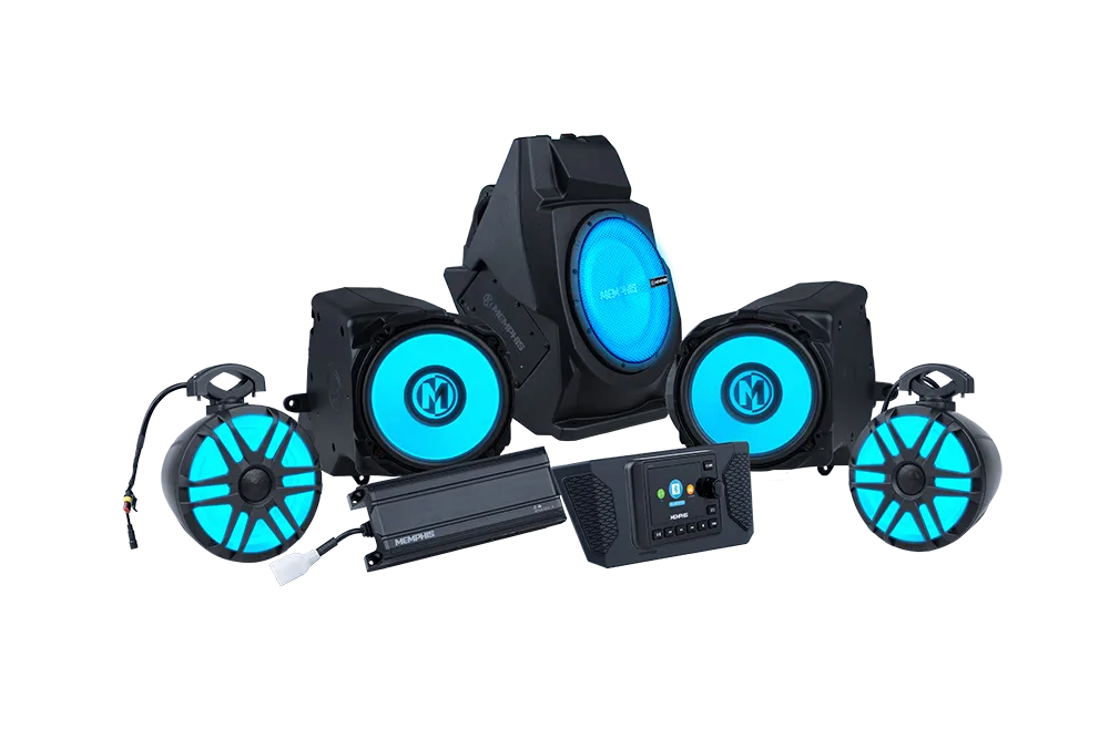 Car audio system with glowing blue lights.