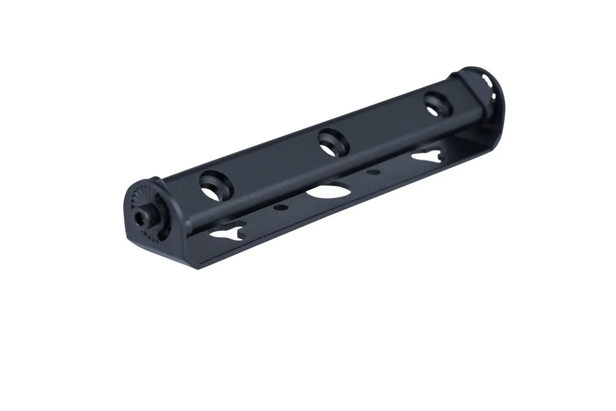 Black metal bracket with multiple holes.