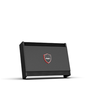 Black amplifier with red and white logo.