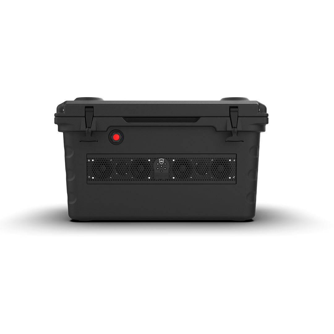 Black rugged container with cooling vents.