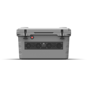 Gray cooler with locks on black background.