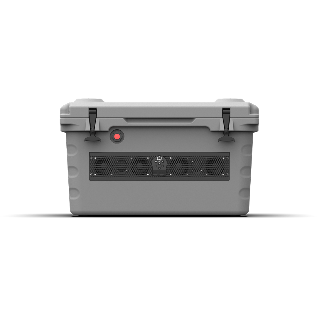 Gray cooler with locks on black background.