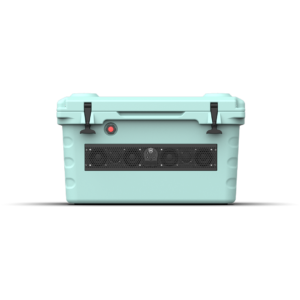Light blue cooler with black hardware.