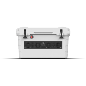 White cooler with black accents, black background.