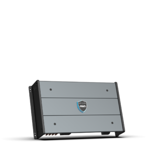 Gray electronic device with a central logo.