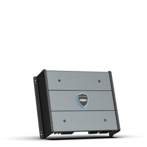 Gray electronic device with logo on black background.