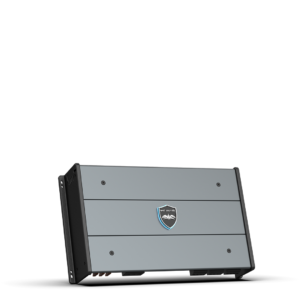 Gray electronic device with a shield logo.