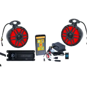 Red car speakers and accessories with remote.