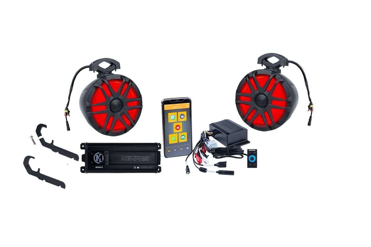 Red car speakers and accessories with remote.