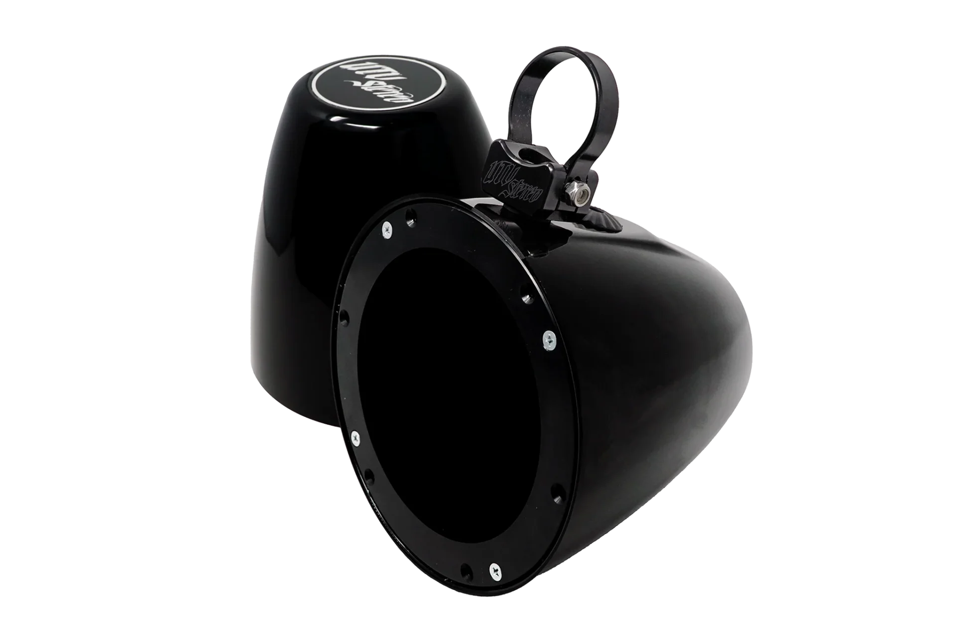 Black motorcycle air intake kits on black background.